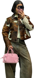 Women's Retro Style Classic Wear Stylish Genuine Cowhide Leather Natural Hair-On Cow Skin Fashion Coat Jacket