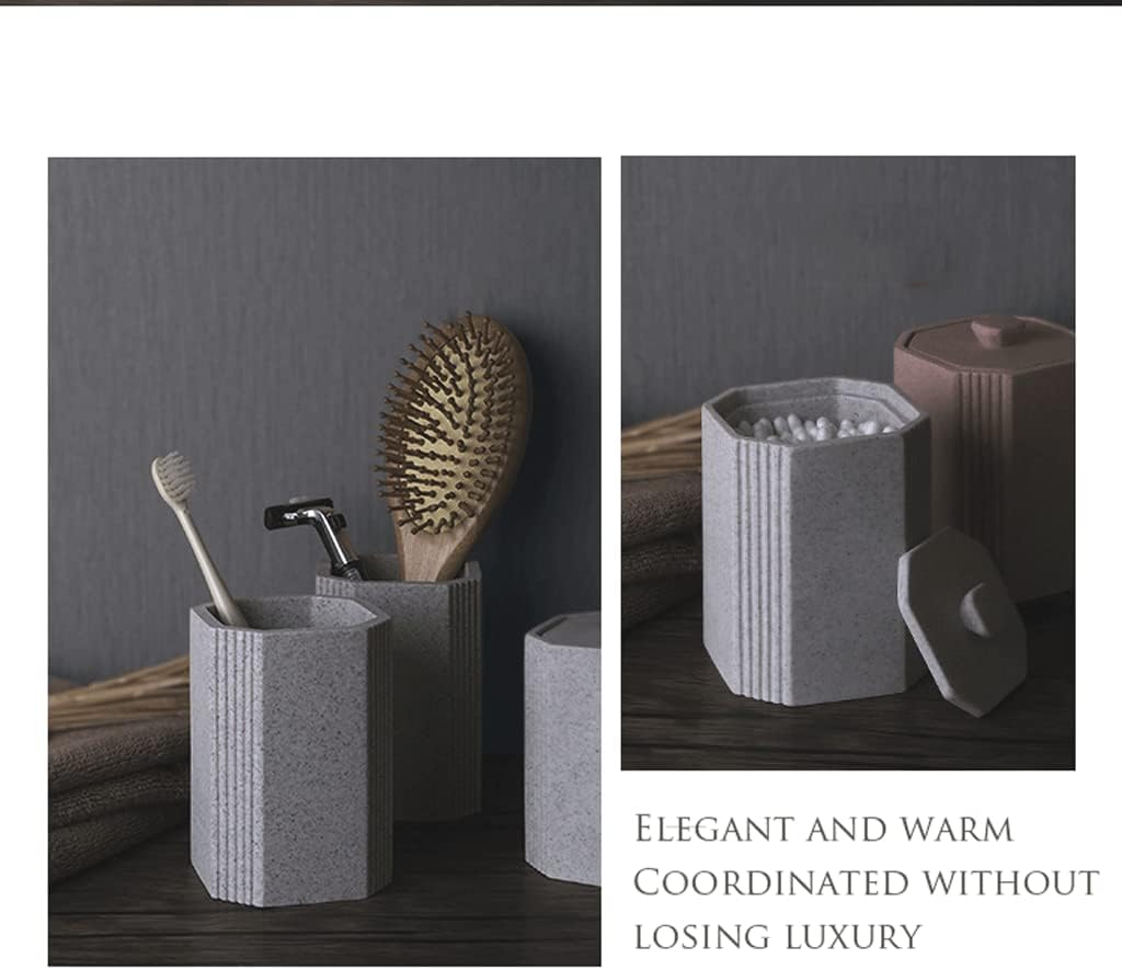 Bathroom Accessory Set Complete,Vertical Stripe Design Bathroom Set Gray,Lotion Dispenser,Soap Dish,Storage Jar,Tumbler,Tray Set(Pink 4 Pack)