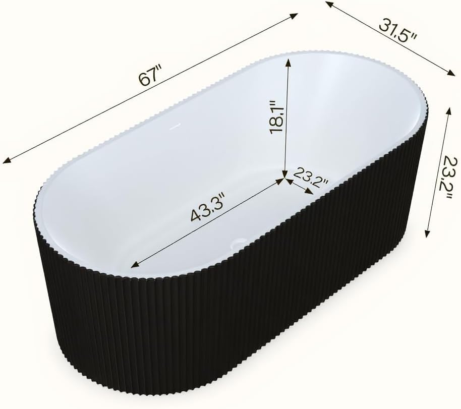 67 inch Freestanding Bathtub for Main Bathroom – Black & White Acrylic Free Standing Tub with Chrome Drain, Extra-Deep Soaking Tub for Luxurious Bathing Experience
