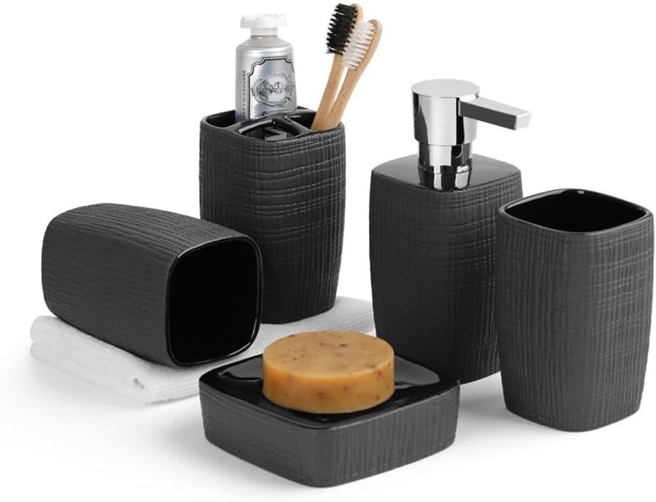 5-Piece Ceramic Bathroom Accessories Set, Soap Dispenser Toothbrush Holder Cup Soap Dish Bath Set(Black)