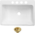 Kingston Brass Towne KGCKUS3622117 Cast Iron Single Bowl Undermount Kitchen Sink with 4-Hole Drain and Strainer, White/Brushed Brass