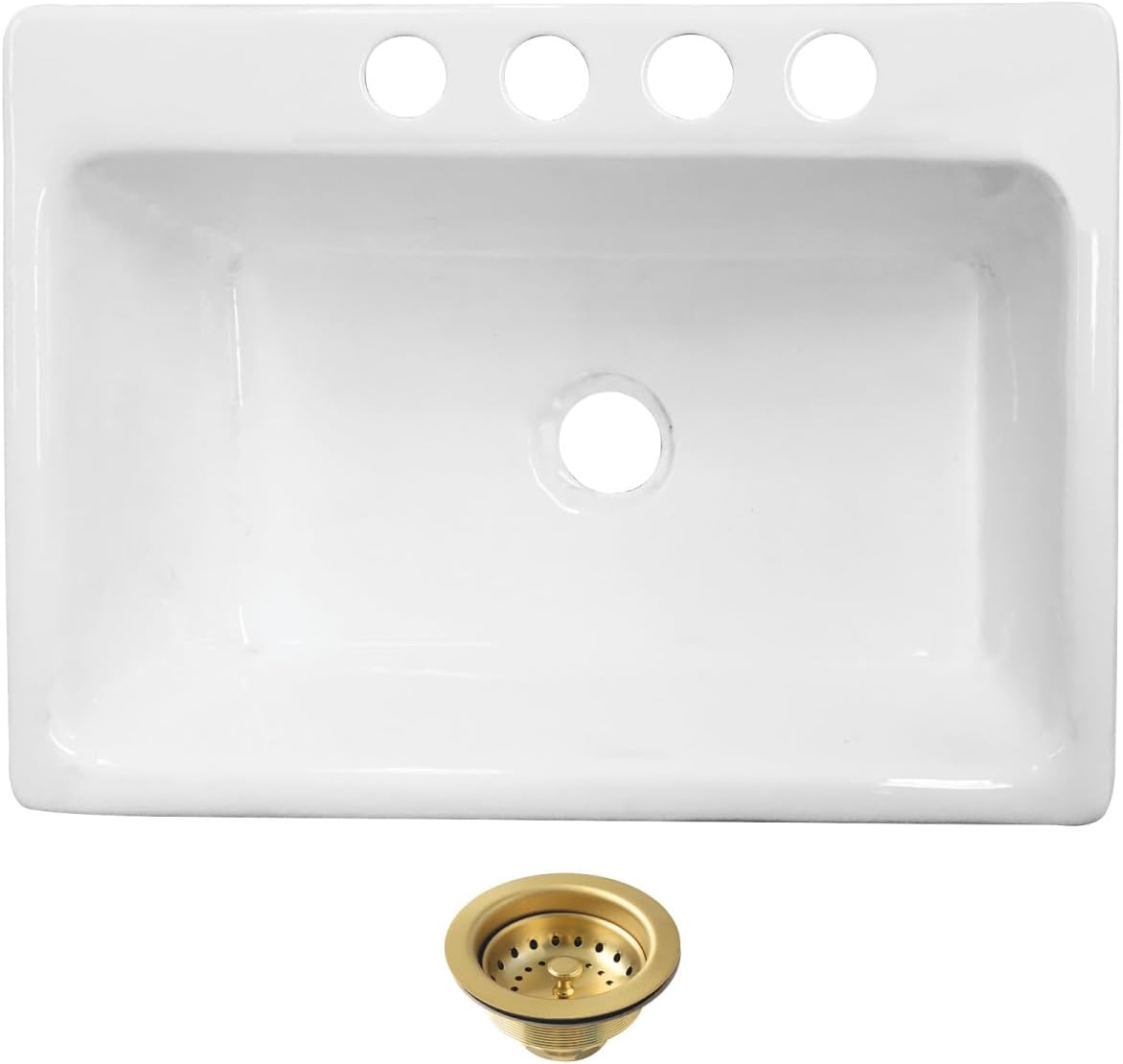 Kingston Brass Towne KGCKUS3622117 Cast Iron Single Bowl Undermount Kitchen Sink with 4-Hole Drain and Strainer, White/Brushed Brass
