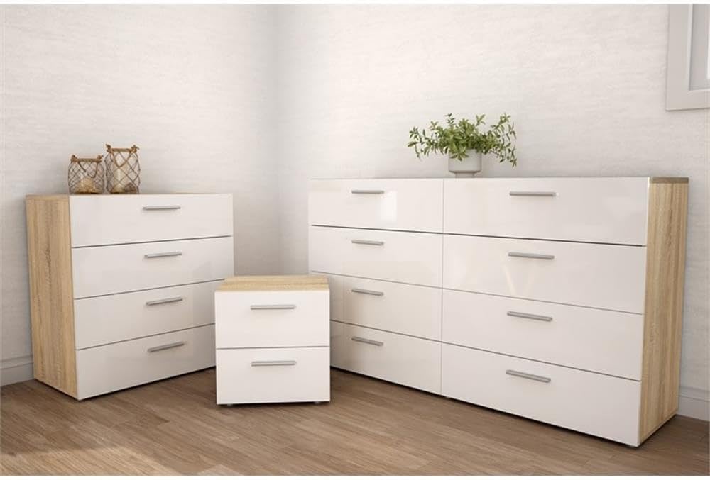Home Square Contemporary Style 4 Piece Bedroom Set with Two Nightstands, 8 Drawer Double Dresser and 4 Drawer Chest in Oak and White Gloss