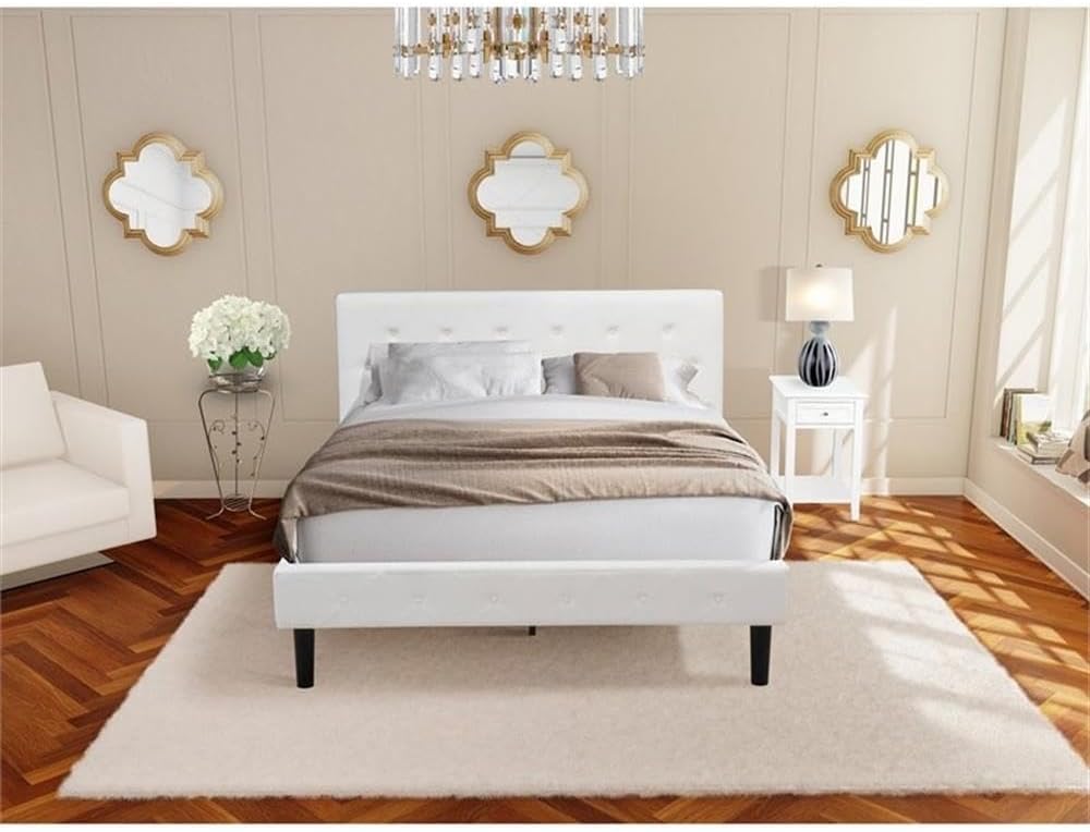 East West Furniture NL19Q-1DE05 2 Piece Queen Size Bedroom Set - Button Tufted Modern Bed Frame - Linen white Velvet Fabric Upholstered Headboard and a Linen white Finish Nightstand
