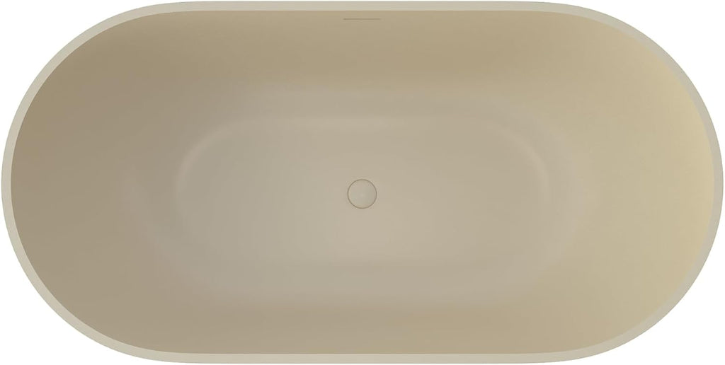 Premium 59' Cream Solid Surface Freestanding Bathtub, Upgraded Oval Stone Resin Tub with Overflow and Pop-up Drain