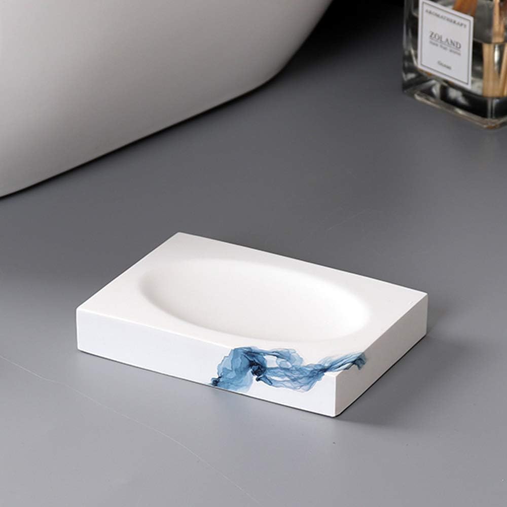 Ancient Style Bathroom Accessories Set Resin Bath Ensemble Includes Toothbrush Holder, 2 Tumblers, Liquid Soap Dispenser, Soap Dish, Printed Blue,with Right Angle Tray