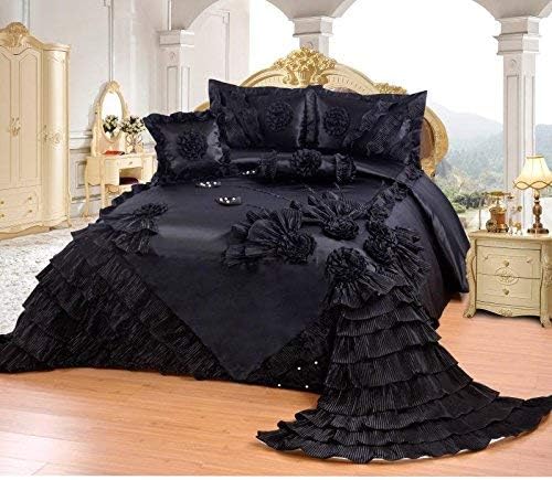 OctoRose Royalty Oversized Black Wedding Bedding Bedspread | Cute Bed Set for Queen Size (102x110) | 5-Piece Set with 2 Pillow Sham, 1 Square Pillow, and 1 Neck Roll