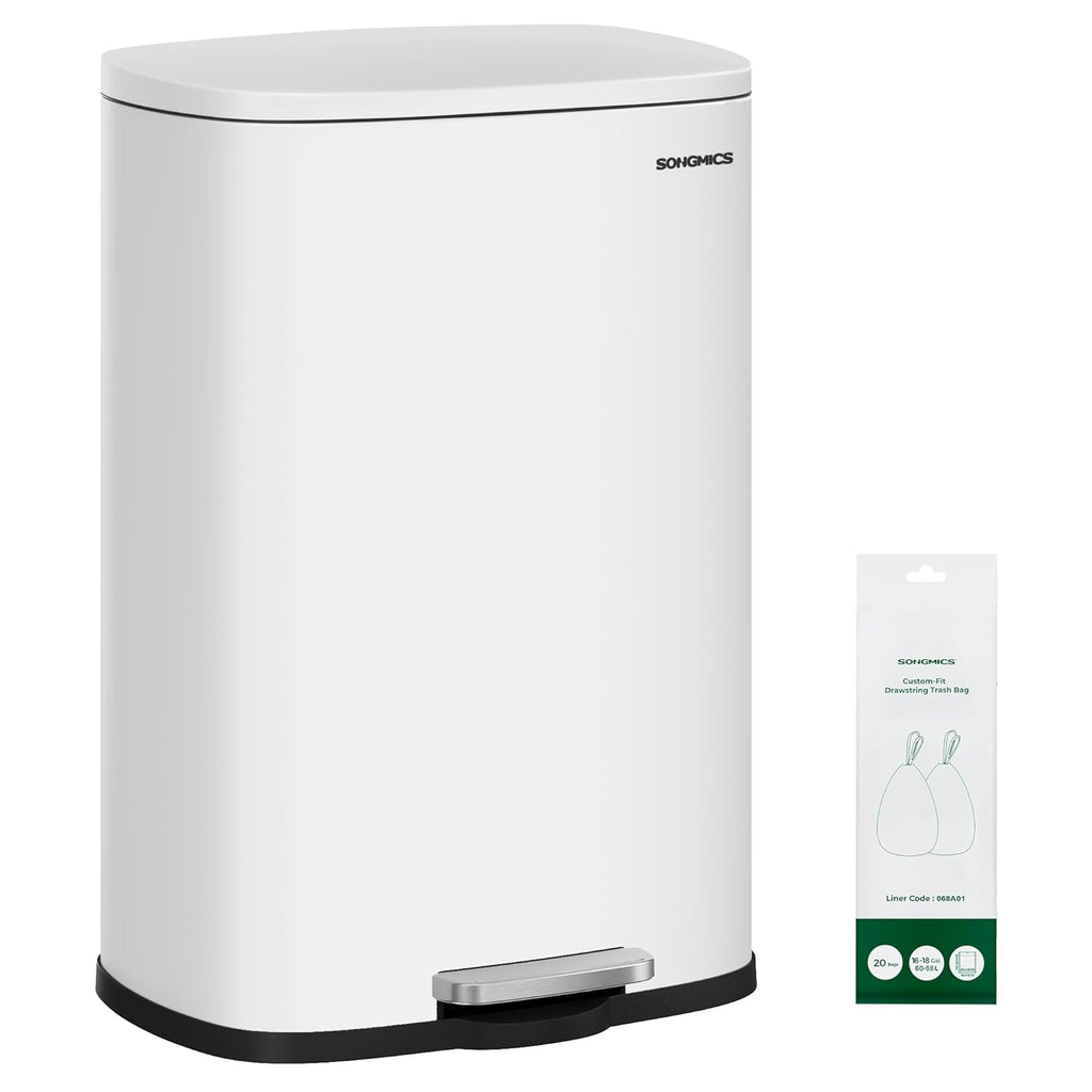 SONGMICS 20-Gallon (75 L) Trash Can, Stainless Steel Kitchen Garbage Can, Recycling or Waste Bin, Soft Close, Step-On Pedal, Removable Inner Bucket, White ULTB075WZ01