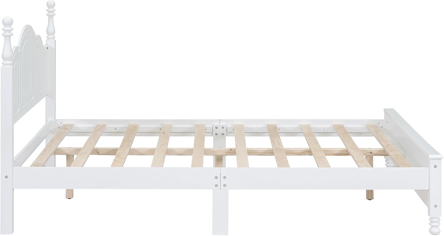 3-Pieces Bedroom Sets, Retro Style Queen Size Platform Bed with Wooden Slat Support and Headboard, Wooden Bedroom Furniture Set with 2 Nightstands for Kids Teens Adults Bedroom (White + Wood 063)