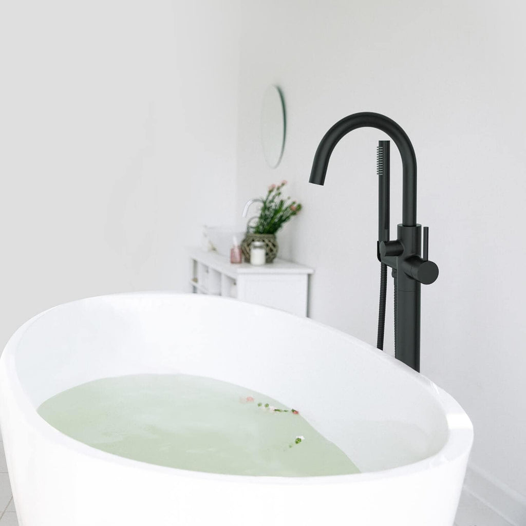 KIBI Circular Floor Mount Bathtub Faucet with Hand Shower Single Handle Freestanding Tub Filler Modern Bath Faucet Matte Black Finish Solid Brass KTF301