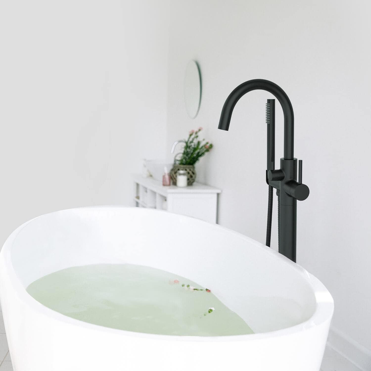 KIBI Circular Floor Mount Bathtub Faucet with Hand Shower Single Handle Freestanding Tub Filler Modern Bath Faucet Matte Black Finish Solid Brass KTF301