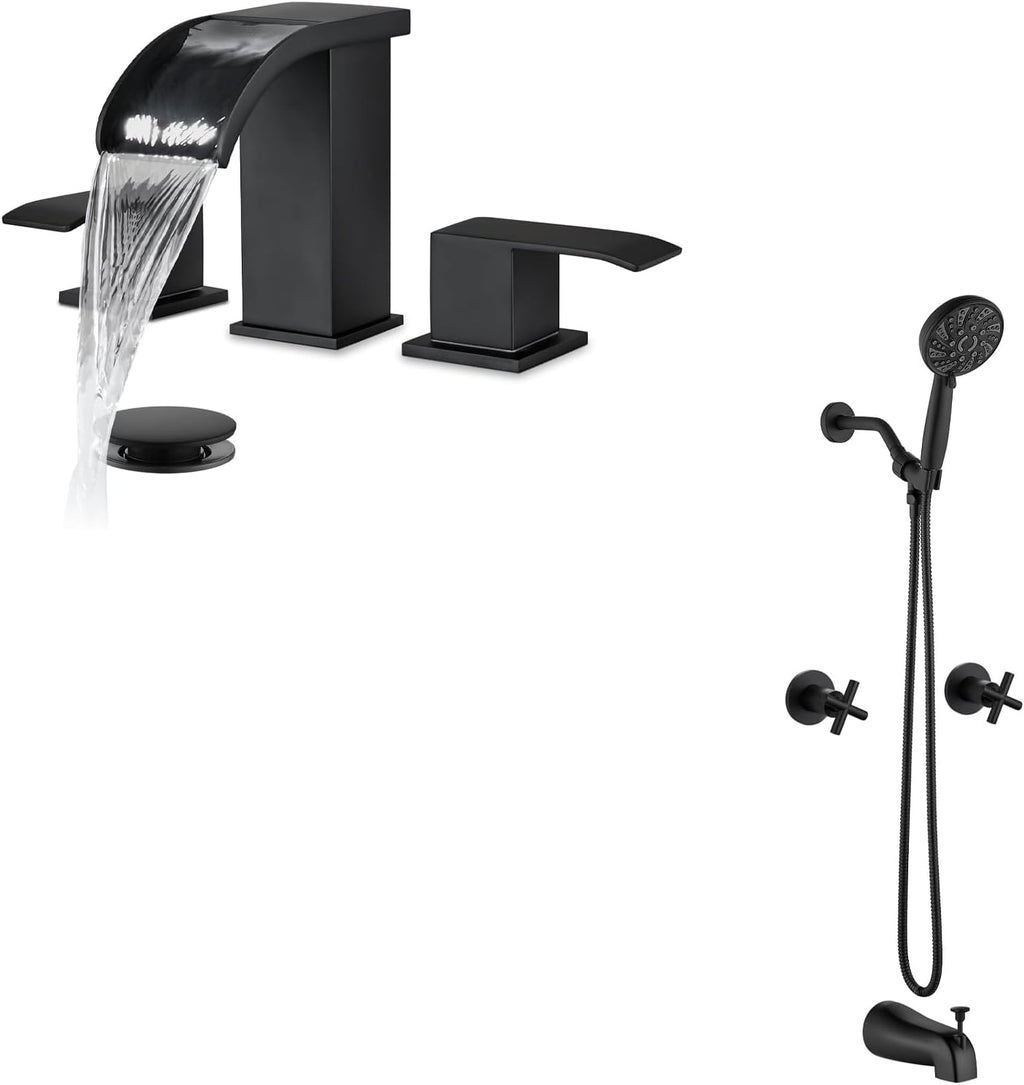 gotonovo Waterfall 8 inch Widespread Bathroom Faucet Set 3 Hole 2 Handle Deck Mount with gotonovo 2 Handles Tub Shower Faucet Set with 6 Modes Handheld Spray Shower System with Tub Spout Matte Black