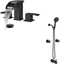 gotonovo Waterfall 8 inch Widespread Bathroom Faucet Set 3 Hole 2 Handle Deck Mount with gotonovo 2 Handles Tub Shower Faucet Set with 6 Modes Handheld Spray Shower System with Tub Spout Matte Black