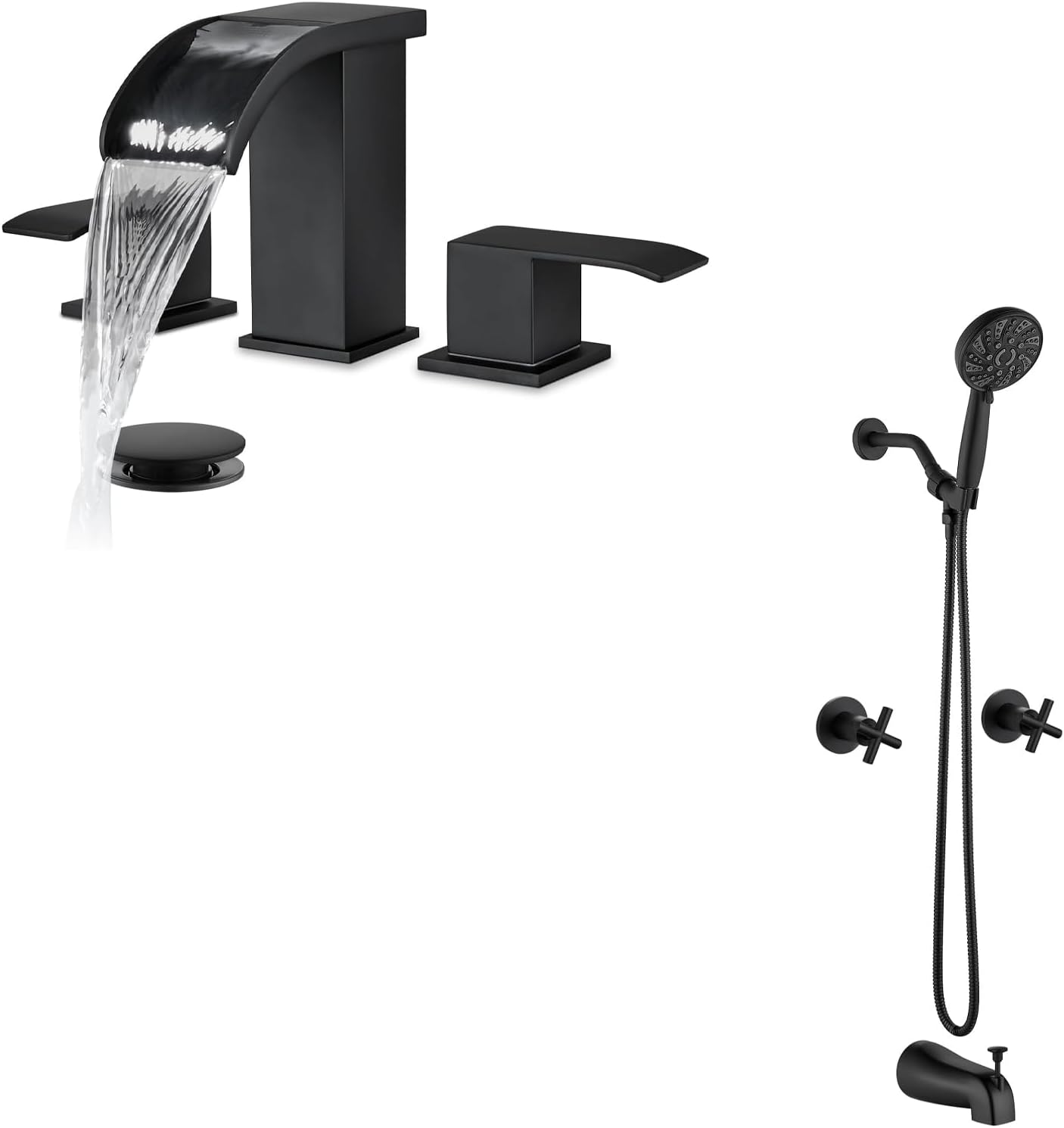 gotonovo Waterfall 8 inch Widespread Bathroom Faucet Set 3 Hole 2 Handle Deck Mount with gotonovo 2 Handles Tub Shower Faucet Set with 6 Modes Handheld Spray Shower System with Tub Spout Matte Black