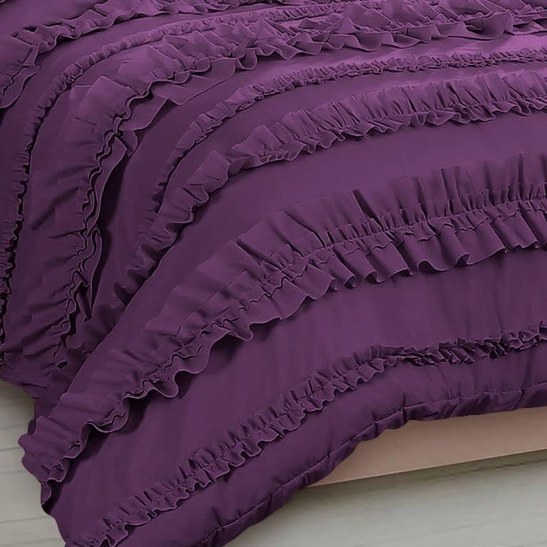 1 Piece Full Ruffles Layers Duvet Cover with Zipper Closure, 100% Egyptian Cotton, 1000 Thread Cotton - Full/Queen Size - Plum Solid