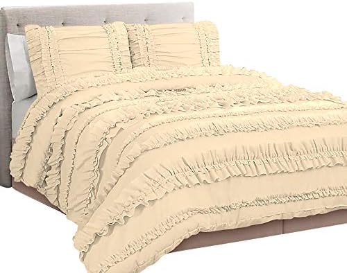 5 Piece Full Ruffles Layers Duvet Cover Set with Zipper Closure, 100% Egyptian Cotton, 1000 Thread Cotton - Full/Queen Size - Ivory Solid