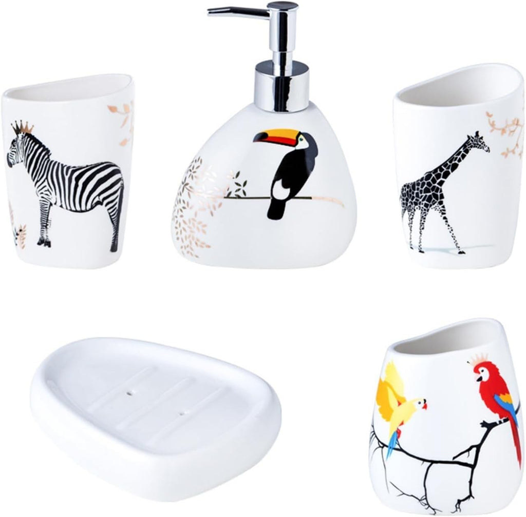 Bathroom Accessories Set Soap Dispenser Set White Bathroom Accessory Sets with Toothbrush Cup Dish Holder for Apartment Dormitory Victorian Decor(Animal)