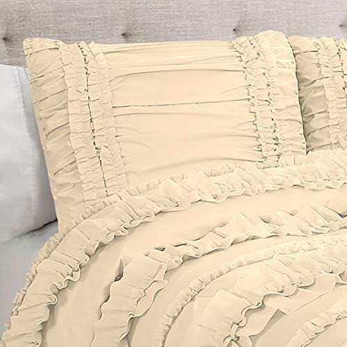 5 Piece Full Ruffles Layers Duvet Cover Set with Zipper Closure, 100% Egyptian Cotton, 1000 Thread Cotton - Full/Queen Size - Ivory Solid