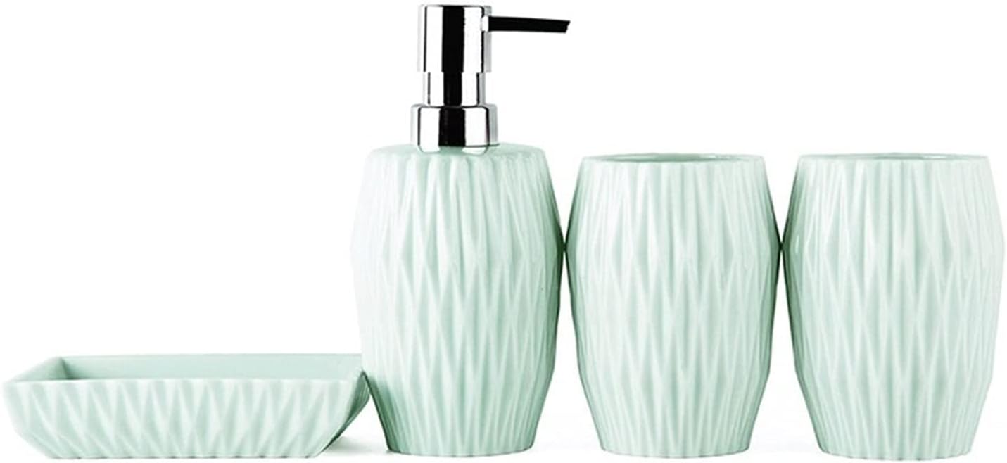 Soap Dispenser/Dispenser for Handwashing Fluid Bathroom Accessories Set Ceramic 4 Pieces Bathroom Ensemble for Bath Decor with Soap Dispenser Toothbru(Light Blue)