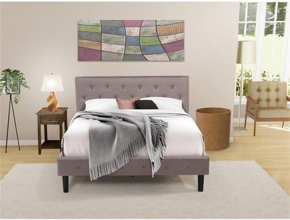 East West Furniture NL14Q-1DE07 2 Piece Queen Size Bedroom Set - Button Tufted Bed frame - Brown Taupe Velvet Fabric Upholstered Headboard and a Distressed Jacobean Finish Nightstand