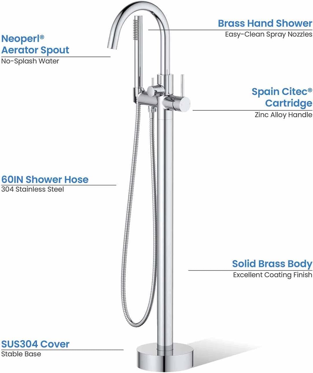 KIBI Circular Floor Mount Bathtub Faucet with Hand Shower | Single Handle Freestanding Tub Filler | Modern Bath Faucet | Chrome Finish | Solid Brass | KTF301
