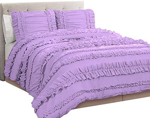 5 Piece Full Ruffles Layers Duvet Cover Set with Zipper Closure, 100% Egyptian Cotton, 1000 Thread Cotton - Full/Queen Size - Lavender Solid