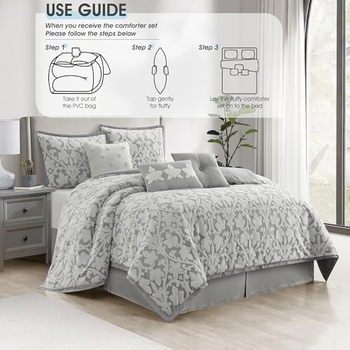 LANCO MODERN LIFESTYLE 7 Pieces Comforter Set, King, White Grey, Jacquard Floral Pattern and Classy Damask Medallion Design, Ultra Soft, Includes Bed Skirt, Shams, and Decorative Pillows