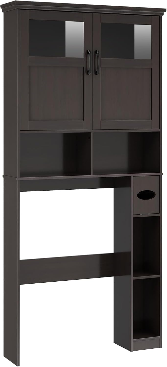 Over The Toilet Storage Cabinet, Storage Cabinet Over Toilet with Double Doors & Toilet Paper Holder Stand, Freestanding Toilet Shelf Space Saver with Anti-Tip Design & Adjustable Shelf, Espresso