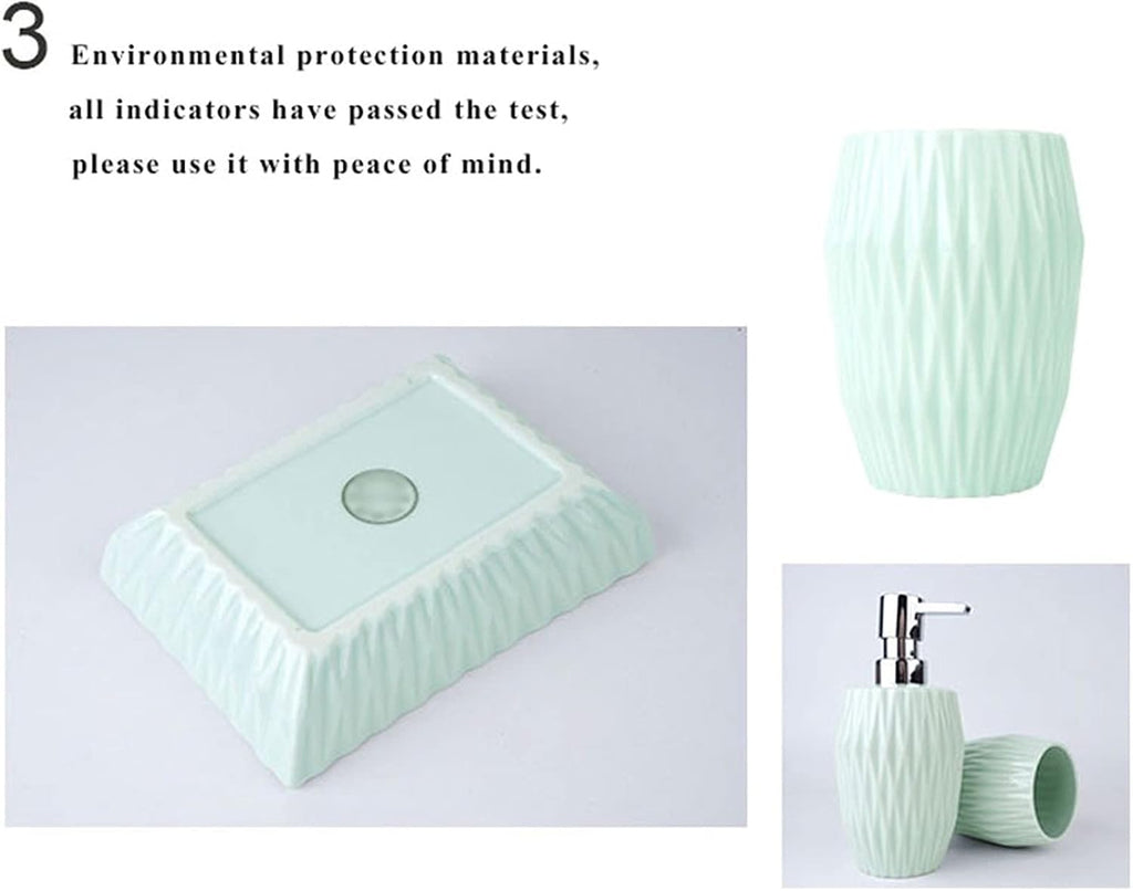 Soap Dispenser/Dispenser for Handwashing Fluid Bathroom Accessories Set Ceramic 4 Pieces Bathroom Ensemble for Bath Decor with Soap Dispenser Toothbru(Light Green)