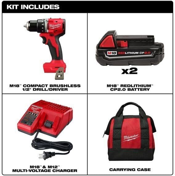 EMBER & VALOR 3601-22Ct mMilwaukee Tool 3601-22Ct M18 Compact Brushless 1/2 In. Drill/Driver Kit, Large, ‎red, Black