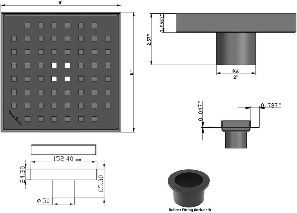 SereneDrains 304 Stainless Steel 6 Inch Square Polished Chrome Shower Drain Kit for Tile Floor Drain Grate Cover Hair Catcher Trap Strainer Filter (Polished Chrome, Traditional Square Design)