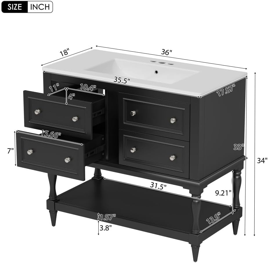 36 Inch Bathroom Vanity with Undermount Ceramic Sink, Free Standing Cabinet with 4 Drawers, Solid Wood Frame Modern Storage Set, Complete Single Basin Vanity for Bathroom (Black)