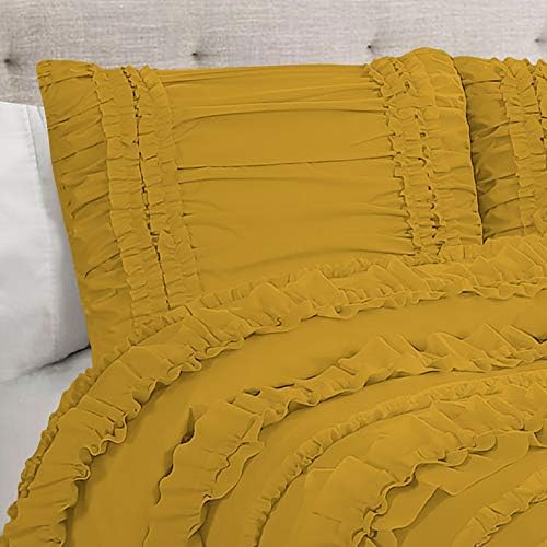 5 Piece Full Ruffles Layers Duvet Cover Set with Zipper Closure, 100% Egyptian Cotton, 1000 Thread Cotton - Full/Queen Size - Gold Solid