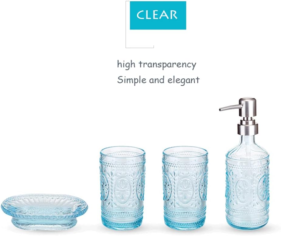 4 Pcs Blue Glass Bathroom Accessories Set,Soap Dispenser W/Vintage Embossed,Gift for Home Apartment Bathroom Decor,Baroque Style