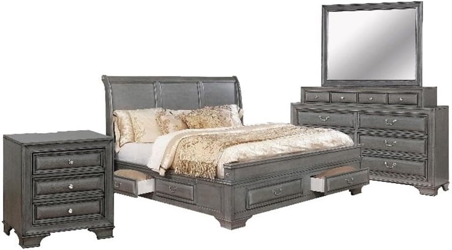 Benjara Lio Four PC Queen Size Bedroom Set- Gray Wood Inlay Design- Nickel