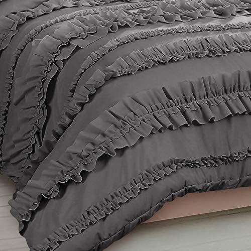 5 Piece Full Ruffles Layers Duvet Cover Set with Zipper Closure, 100% Egyptian Cotton, 1000 Thread Cotton - Full/Queen Size - Dark Grey Solid