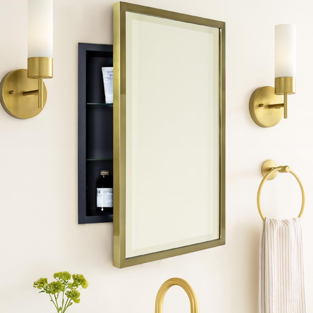 TEHOME Gold Metal Framed Recessed Bathroom Medicine Cabinet with Mirror Rectangle Tilting Beveled Vanity Mirrors for Wall 16 x 24 inches