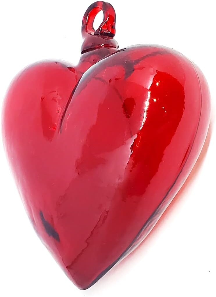 Red 5.1 inch Large Hanging Glass Hearts (Set of 6), Recycled Blown Glass (LGE Red Hearts)