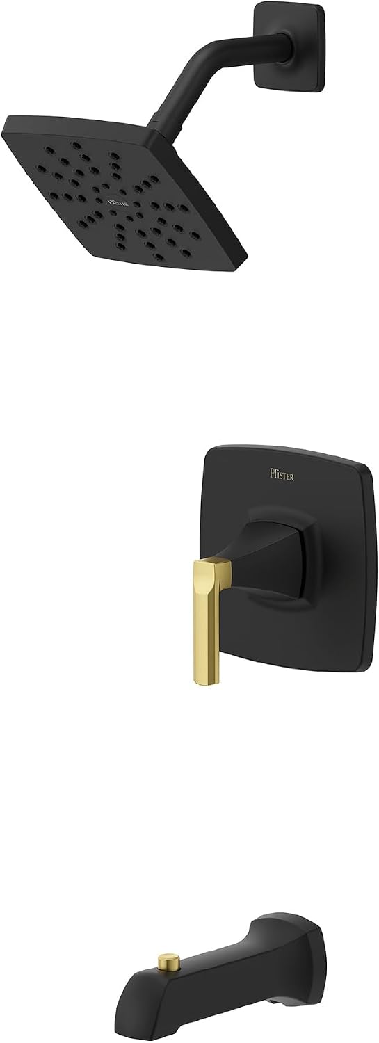 Pfister Vaneri Tub and Shower Faucet Set with Valve and Cartridge Included, 1-Handle Rain Shower Head with Tub Spout, Matte Black and Brushed Gold Finish, Model 8P8WS2VRISBBG