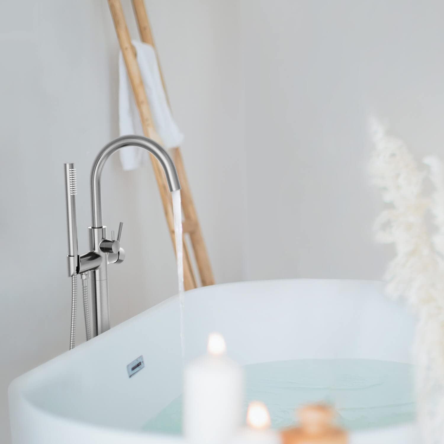 KIBI Circular Floor Mount Tub Filler with Hand Shower in Brushed Nickel, Solid Brass Single Handle Freestanding Bathtub Faucet with 360 Swivel Spout, Modern Bath Faucet for Tub and Shower (KTF301BN)