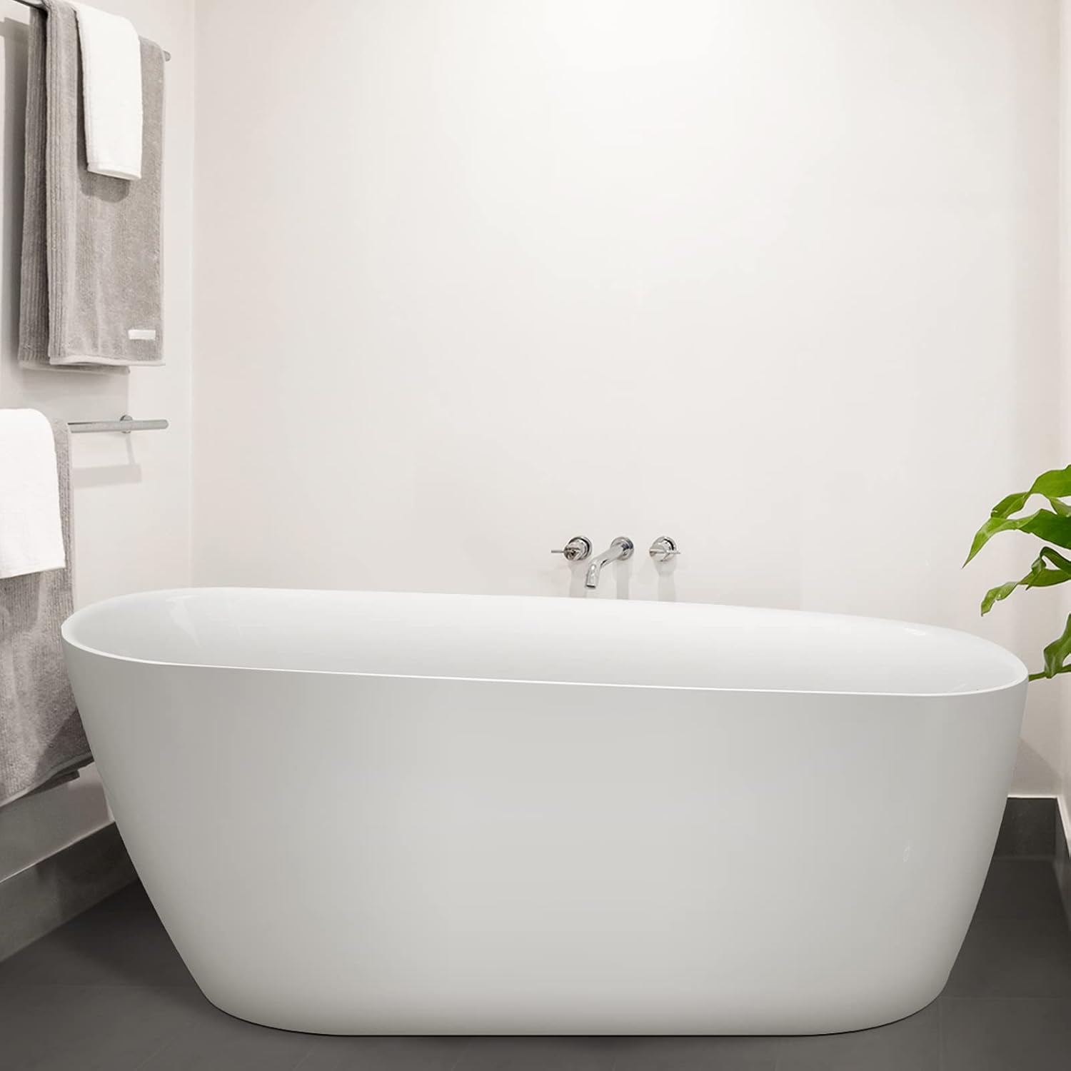 59' Acrylic Freestanding Bathtub, Single Slipper Free Standing Tub, Soaking Tub with Integrated Slotted Overflow, Toe-Tap Chrome Drain, cUPC Certified, Glossy White
