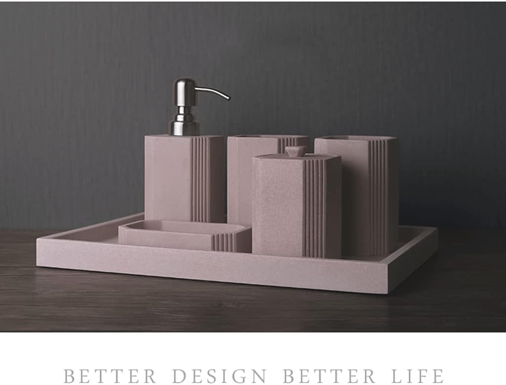 Bathroom Accessory Set Complete,Vertical Stripe Design Bathroom Set Gray,Lotion Dispenser,Soap Dish,Storage Jar,Tumbler,Tray Set(Pink 6 Pack)
