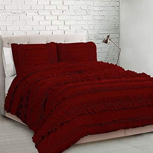 5 Piece Full Ruffles Layers Duvet Cover Set with Zipper Closure, 100% Egyptian Cotton, 1000 Thread Cotton - Full/Queen Size - Burgundy Solid