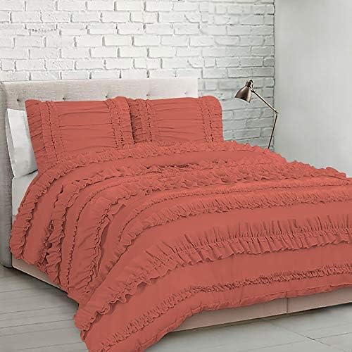 5 Piece Full Ruffles Layers Duvet Cover Set with Zipper Closure, 100% Egyptian Cotton, 1000 Thread Cotton - Full/Queen Size - Brick Red Solid
