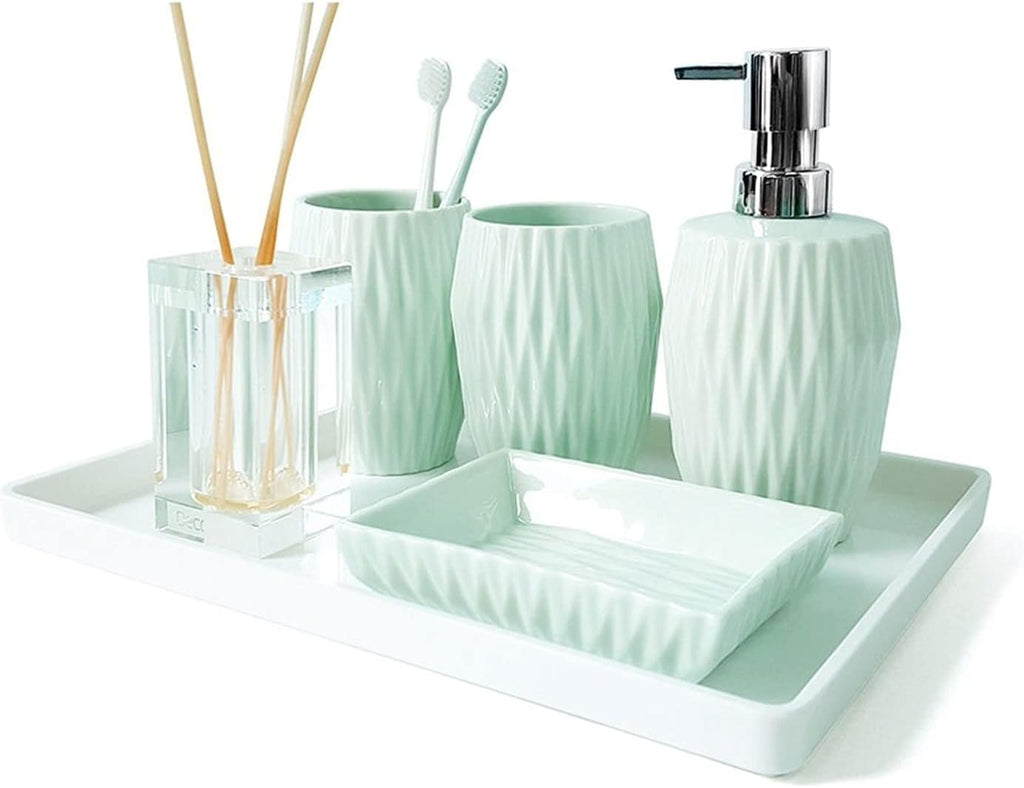 Soap Dispenser/Dispenser for Handwashing Fluid Bathroom Accessories Set Ceramic 4 Pieces Bathroom Ensemble for Bath Decor with Soap Dispenser Toothbru(Light Blue)