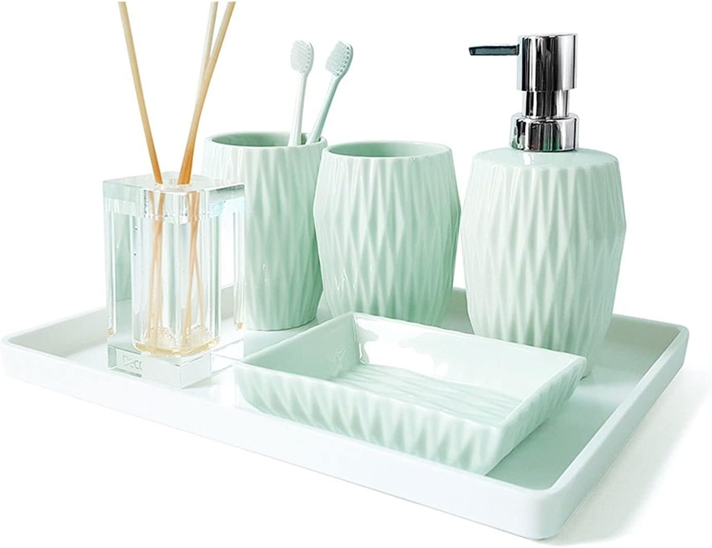 Soap Dispenser/Dispenser for Handwashing Fluid Bathroom Accessories Set Ceramic 4 Pieces Bathroom Ensemble for Bath Decor with Soap Dispenser Toothbru(Light Blue)