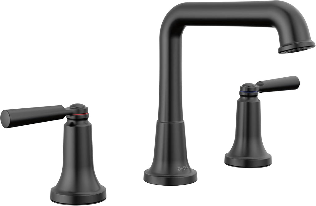 Delta Saylor Matte Black Bathroom Faucet 3 Hole, 8 Inch Widespread Bathroom Sink Faucet for Vanity, Metal Push-Pop Drain Assembly, 3536-BLMPU-DST