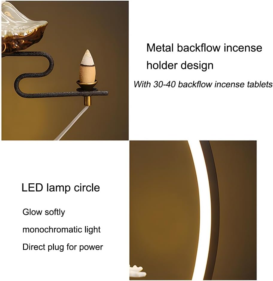 GZHERVICES Tabletop Fountains with Ceramic Sculpture, 3D Indoor Waterfall with LED Light Ring and Backflow Incense Burner, Indoor Rain Curtain Waterfall Water Feature with Mist(Diameter 35cm/13.78in)