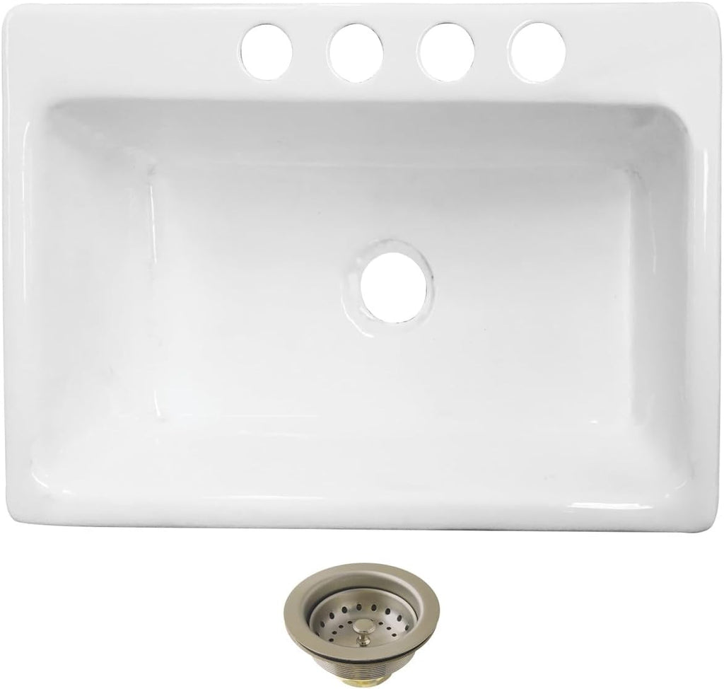 Kingston Brass Towne KGCKUS332298 Cast Iron Single Bowl Undermount Kitchen Sink with 4-Hole Drain and Strainer, White/Brushed Nickel