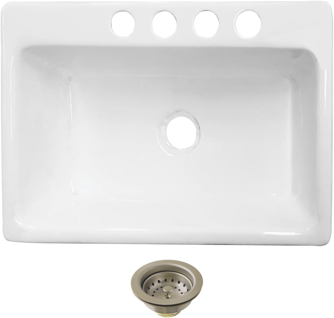 Kingston Brass Towne KGCKUS332298 Cast Iron Single Bowl Undermount Kitchen Sink with 4-Hole Drain and Strainer, White/Brushed Nickel